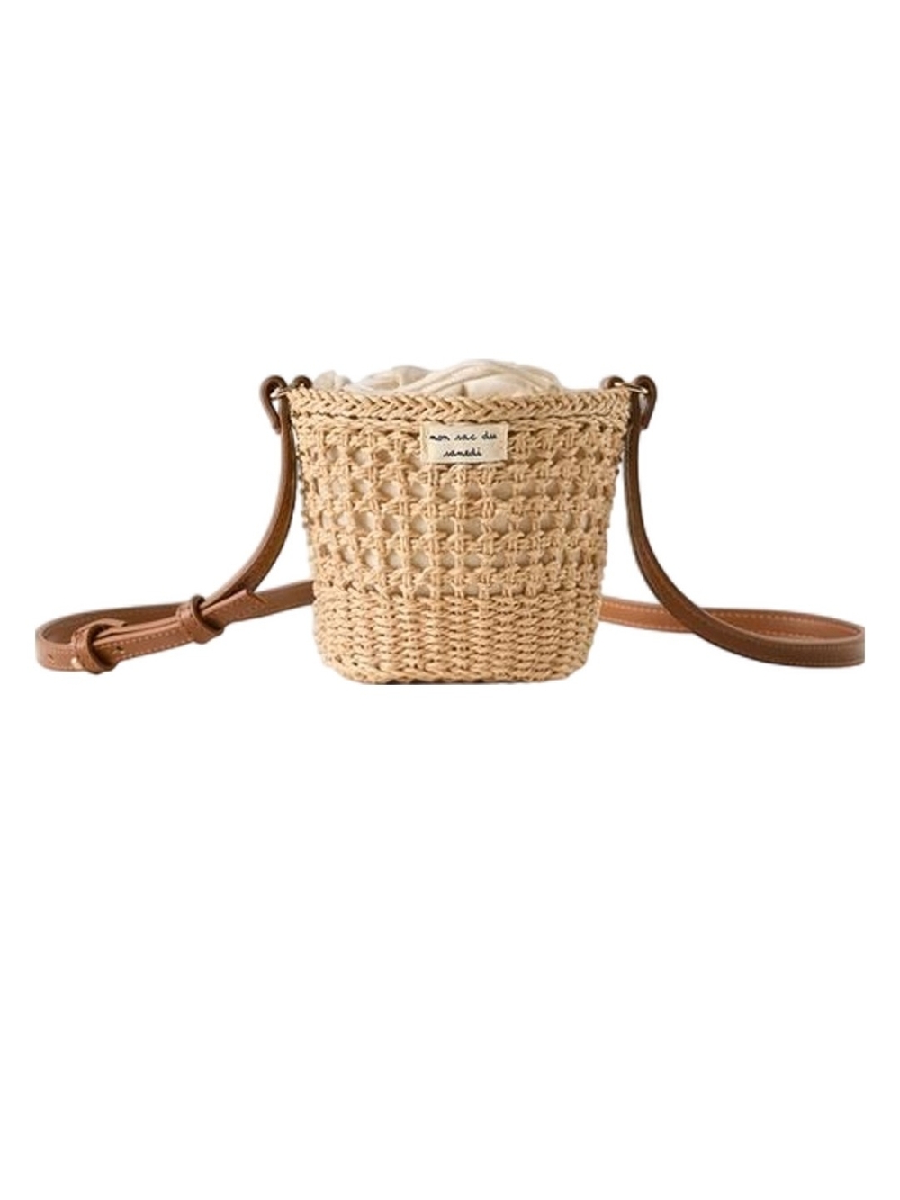 Zara Woven Straw Bucket Crossbody Bag with Tan Leather Strap